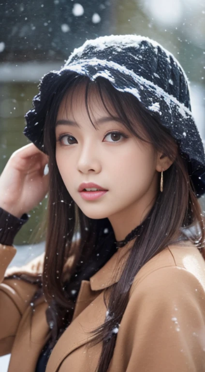 (Common)、、(quality,tmasterpiece:1.3,超高分辨率,),(ultra - detailed,Caustics),(真实感:1.4,RAW shooting,)Hyper-realistic capture,A very detailed article,HD 16K human skin、 Natural skin texture、、The skin looks healthy、Evens skin tone、 Use natural light and color,A woman is,,,kawaii,A brunette one,mid hair,(depth of fields、color difference、、Wide range of lighting、naturalshadow、)、、(Falling snow:1.3)、(Hair swaying in the wind:1.2)、(Snow reflects light:1.3)