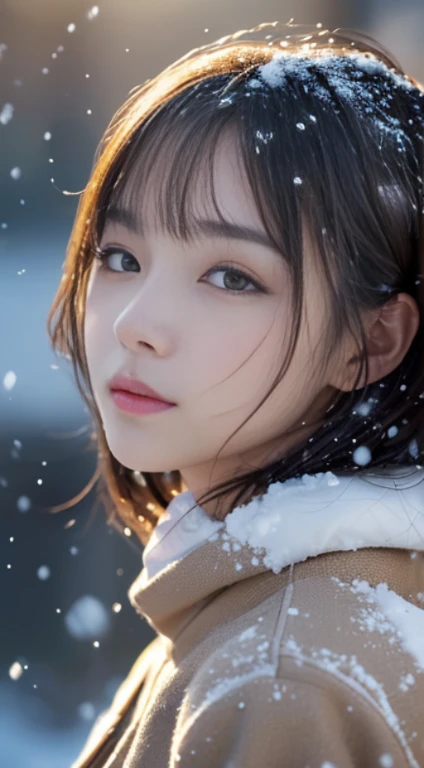 (Common)、、(quality,tmasterpiece:1.3,超高分辨率,),(ultra - detailed,Caustics),(真实感:1.4,RAW shooting,)Hyper-realistic capture,A very detailed article,HD 16K human skin、 Natural skin texture、、The skin looks healthy、Evens skin tone、 Use natural light and color,A woman is,,,kawaii,A brunette one,mid hair,(depth of fields、color difference、、Wide range of lighting、naturalshadow、)、、(Falling snow:1.3)、(Hair swaying in the wind:1.2)、(Snow reflects light:1.3)