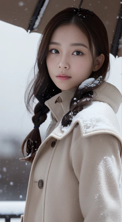 (Common)、、(quality,tmasterpiece:1.3,超高分辨率,),(ultra - detailed,Caustics),(真实感:1.4,RAW shooting,)Hyper-realistic capture,A very detailed article,HD 16K human skin、 Natural skin texture、、The skin looks healthy、Evens skin tone、 Use natural light and color,A woman is,,,kawaii,A brunette one,mid hair,(depth of fields、color difference、、Wide range of lighting、naturalshadow、)、、(Falling snow:1.3)、(Hair swaying in the wind:1.2)、(Snow reflects light:1.3)