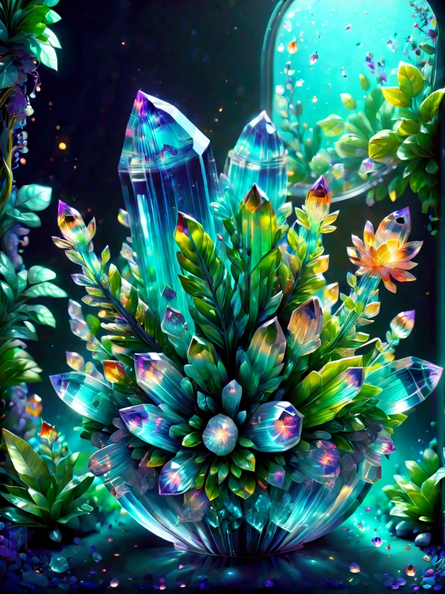 Colored crystal style,(a magical plant,Irridescent color,Half of its stems and leaves are made of crystal,The other half is flowers grown from natural plants,The flowers are very bright and beautiful,Available in various colors and shapes,with light glowing。The crystal components on the stems and leaves present exquisite mechanical structures and complex patternudes cool crystal texture),branches and leaves full of nectar, Plants covered in liquid, Cute 3d rendering, Rendered in Cinema 4D Octane, blender art, Cinema 4D color rendering, Very detailed happy photos, Render in Cinema4D, Colorful octane rendering, A vibrant, The beautiful, semi transparent, iintricate, Detailed pubic hair, crystalz