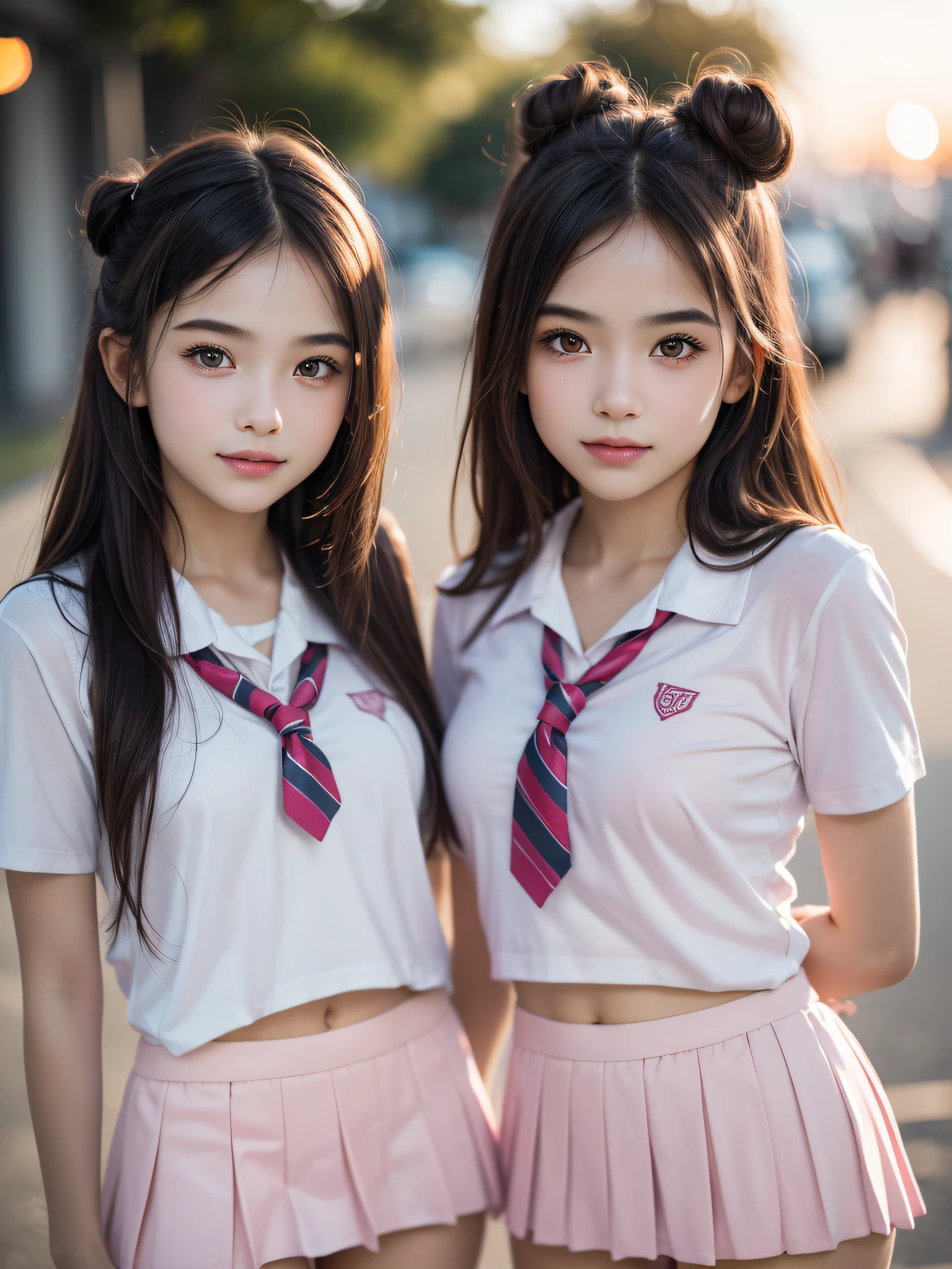 (2 young girls), (extremely detailed beautiful face), Amazing face and eyes, (Best Quality:1.4), (Ultra-detailed), (extremely detailed CG unified 8k wallpaper), Highly detailed, High-definition raw color photos, Professional Photography, Realistic portrait, Amazing face and eyes, Pink eyes, (High School Uniform, Pleated mini-skirt:1.3), double buns, Brown hair, Model, shyly smile, (PINK Underwear:1.3), (((Bokeh))), depth of fields, depth of fields, Beach, Twilight, Sunset,