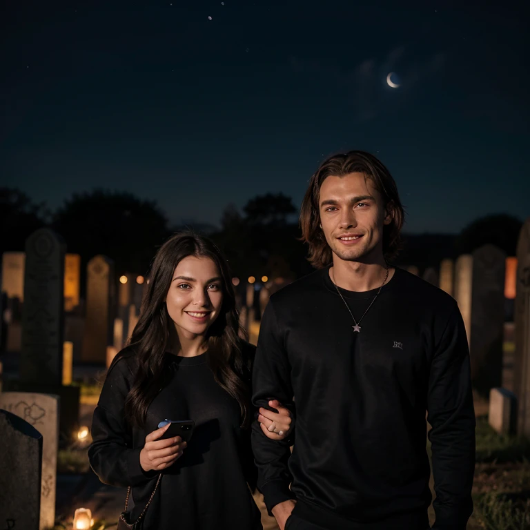 Wanda maximoff e dean winchester Felizes, sorridentes cabelos longos, realistica, solid black sweatshirt, Fones de ouvido over-ear, andando por um caminho escuro e nebuloso, luvas sem dedos, parte superior do corpo. cemetery at night, noite escura, lua cheia