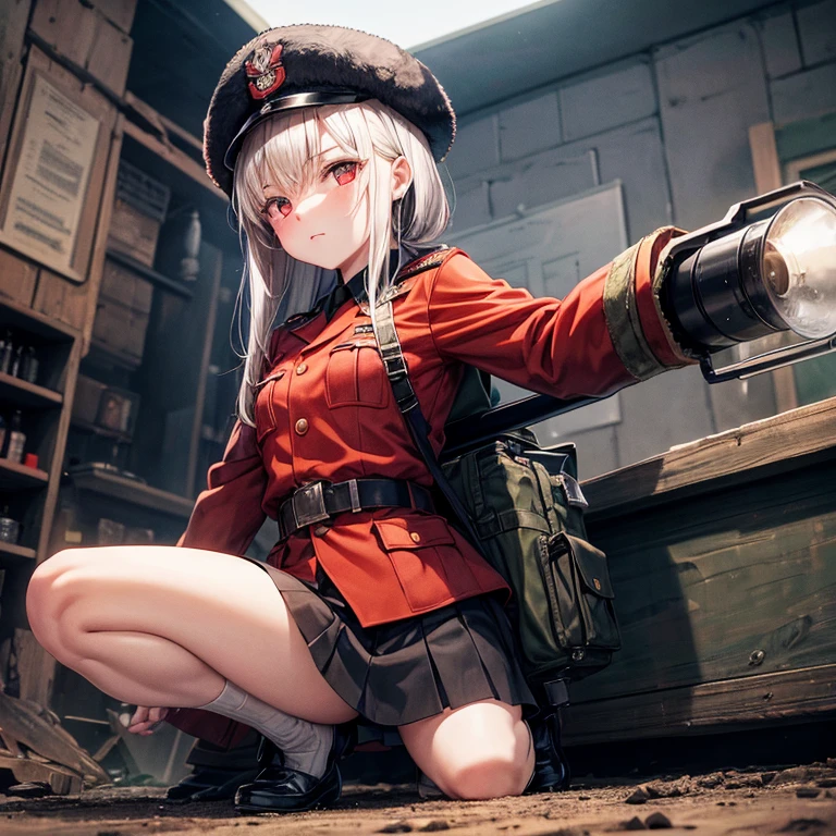 military, ww2, ussr army, Killing expression, Wear a short skirt, Drink vodka, Alone, photo techniques, 5 fingers, girl, Red eye, Carrying an weapon, ushanka, Panties visible