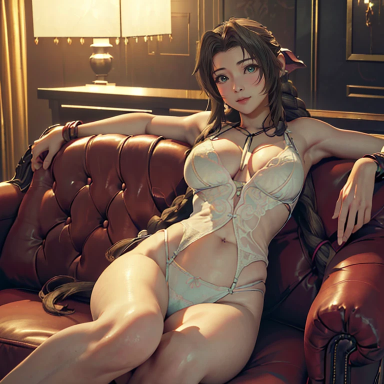 ff7r style,(top-quality, (Ultra high definition,4K), (超A high resolution:1.3, in 8K),masutepiece:1.2), (Stereoscopic), (Perfect Anatomy,Anatomically accurate), (Soft lighting, rendered), (((Sitting on a sofa in the lobby of a luxury hotel, Sexy open legs))), ((Atifa_1 person similar to lockhart:1.3)), ((1 person similar to Aerith Gainsborough:1.3)), (large full breasts:1.6), Focus on cleavage, (extremely detailed and beautiful face), Close one eye, (Bewitching girl), (Photorealsitic), (Bright lighting:1,4), ((White see-through lingerie)), Watch viewers, (Crisp double eyelids), (Seductive curvaceous), (Textured skin), (Soft skin)
