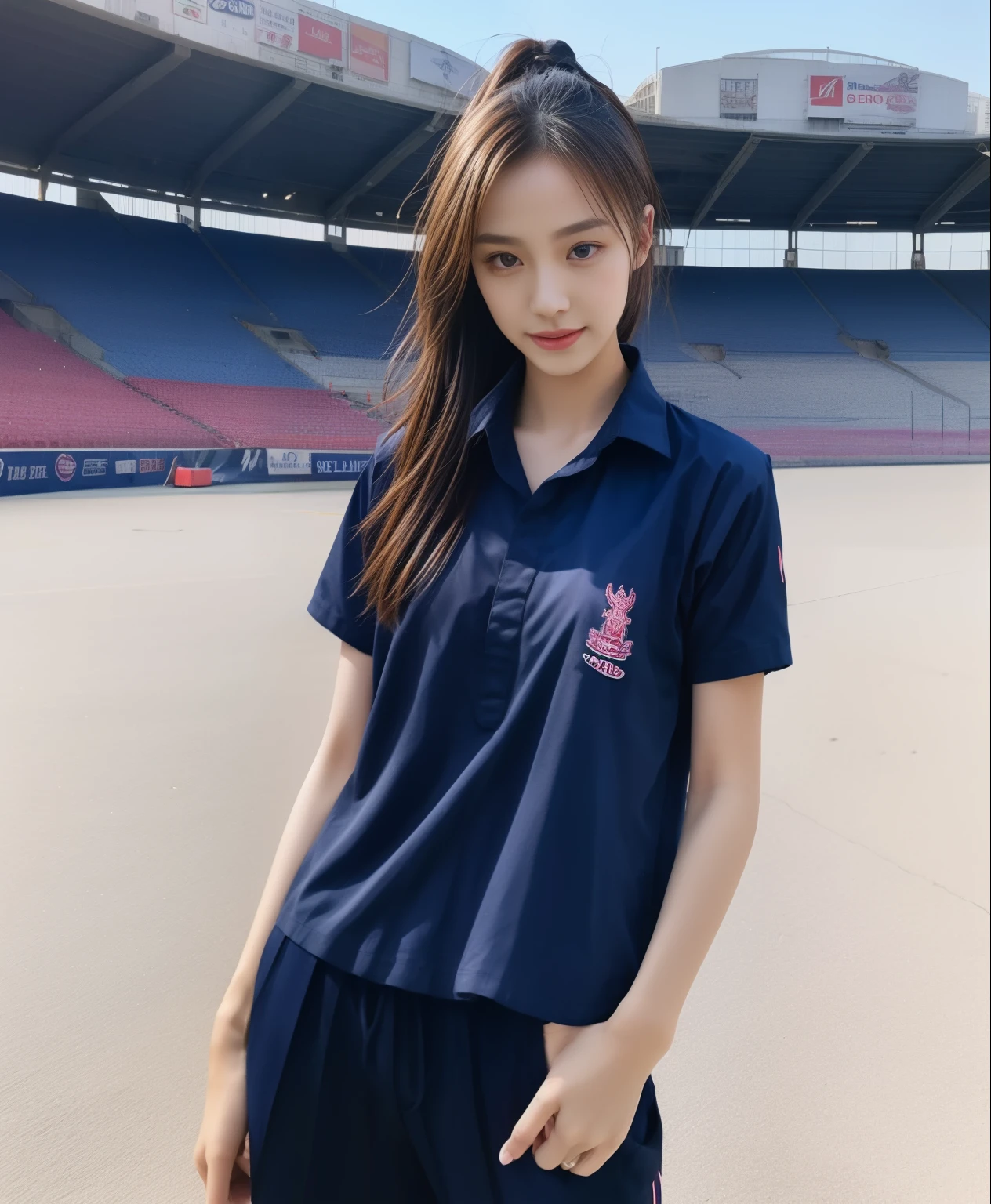 (bestquality,10,10,highres,masterpiece:1.2),ultra-detail,(Realistic,photorealistic portrait,photo-realistic:1.37),1 Cute girl in the football field,oily shiny skin,bara,light smile,BDclothelue shirt:1.3)),short sleeves,shirt, trousers.,(navy_long_Pants Track:1.1), ((Stadium Background:1.3)),dynamic angle,excited,face focus,Dynamic Poses,from behide,Ass Focus,masterpiece, bestquality, ultra realistic, hyper-detail, 8k resolution, RAW photo, crisp focus, ((Navy blue shirt:1.1)), short sleeves, Long Path, Perfect body, 2 mature women, 18yo, cinematic light,Blue sweatpants,Gymware,Correct anatomy,Complete body, Correct body, sharp face, Anatomically correct body, full entire body, Realistic gestures, long-haired, Realistic poses,Wear long shorts...............................................,Long leg span,Shapely,Sculpting Girl, Slender Figure, mannequin mannequins, Shapely, Beautiful body,Blue sweatpants, Two girls kissing