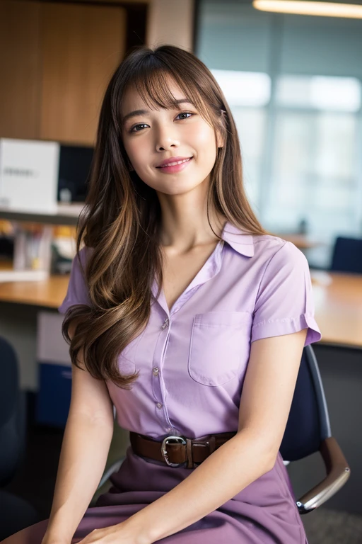 One-person viewpoint, (masutepiece:1.3), High resolution, ultra-detailliert, the Extremely Detailed CG Unity 8K Wallpapers, Realistic, Photorealsitic, Raw photo, beautifull detailed face, pale skin, realistic glistening skin, Detailed Cloth Texture, detailed hair texture, Perfect body, Beautiful face, 准确, Anatomically correct, Highly detailed face and skin texture, Natural neck length, (beautiful hand air skin:1.2), thin legs, Thin feet, 
BREAK, 
Detailed eyes, symmetrical eye, Light brown eyes, Double eyelids, Thin eyebrows, (Glossy lips:1.4), ((gently smiling:1.2)), (blush:1.1),
BREAK, 
(Classy and cute girl:1.3), (Wear elegant clothes (Light purple) Button shirt:1.2), ((navy) Long skirt with irregular hem:1.2), Close the button, (Long skirt), 
medium breasts, (Slender figure:1.1), Firm abs, Beautiful collarbone, 
(Dark blonde hair, Wavy Hair, Long hair:1.2), ((asymmetrical bangs:1.2)), 
BREAK, 
(Slowly extend one hand diagonally down:1.2), 
((In a modern office in Japan)), (Cowboy Shot:1.2), Looking at Viewer, View from a little below,
