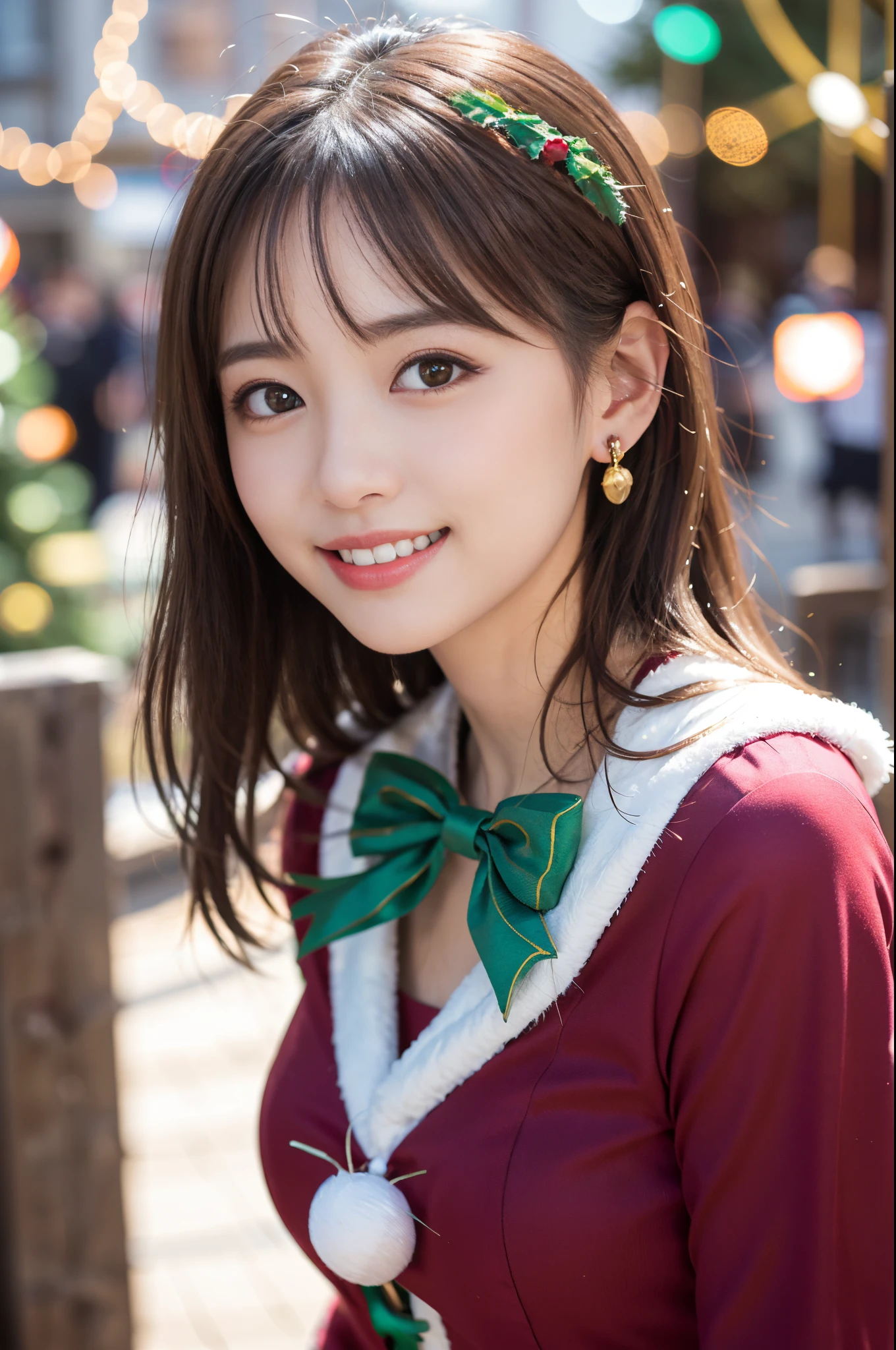 Japanese ido ,((Cute ,:1.2)),(8K, Raw photo, ultra-detailliert, Best Quality:1.2), (Realistic, Photorealsitic:1.4), (Insanely detailed, 超A high resolution ,Beautiful, masutepiece:1.2), ,very detailed face and eyes,Shiny skin,(Upper body:1.Professional Lighting,Soft light, Sharp Focus, depth of fields,Medium Hair,Earring, ( Christmas Costumes:1.3),(Smile:1.3),Bokeh,(Dynamic Angle:1.5),( A city street decorated for Christmas, shining with colorful lights:1.3）