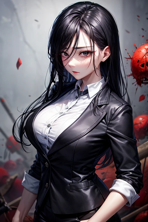 beautiful CEO wife in a zombie apocalypse, black hair, teary eyes, saver her, black eyes