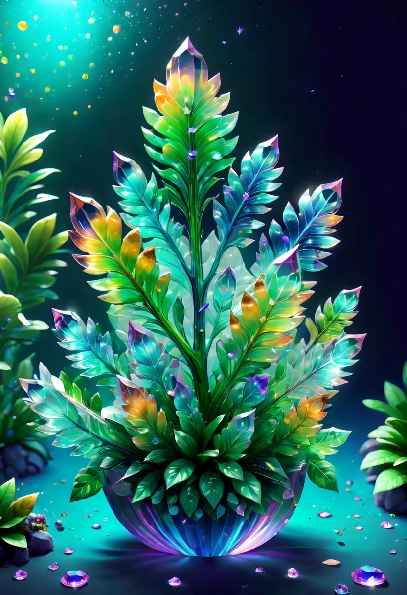 Colored crystal style,(a magical plant,Irridescent color,Half of its stems and leaves are made of crystal,The other half is flowers grown from natural plants,The flowers are very bright and beautiful,Available in various colors and shapes,with light glowing。The crystal components on the stems and leaves present exquisite mechanical structures and complex patternudes cool crystal texture),branches and leaves full of nectar, Plants covered in liquid, Cute 3d rendering, Rendered in Cinema 4D Octane, blender art, Cinema 4D color rendering, Very detailed happy photos, Render in Cinema4D, Colorful octane rendering, A vibrant, The beautiful, semi transparent, iintricate, Detailed pubic hair, crystalz