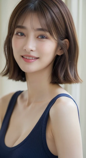 ((top-quality、8K、masterpiece:1.3))、1girl in、Slim Abs Beauty:1.3、(Hairstyles Brown Hair Shortcuts、Colossal tits:1.2)、doress:1.1、Super fine face、Delicat eyes、二重まぶた、A smile、Home、Raw photo、Tank Tops、tits out