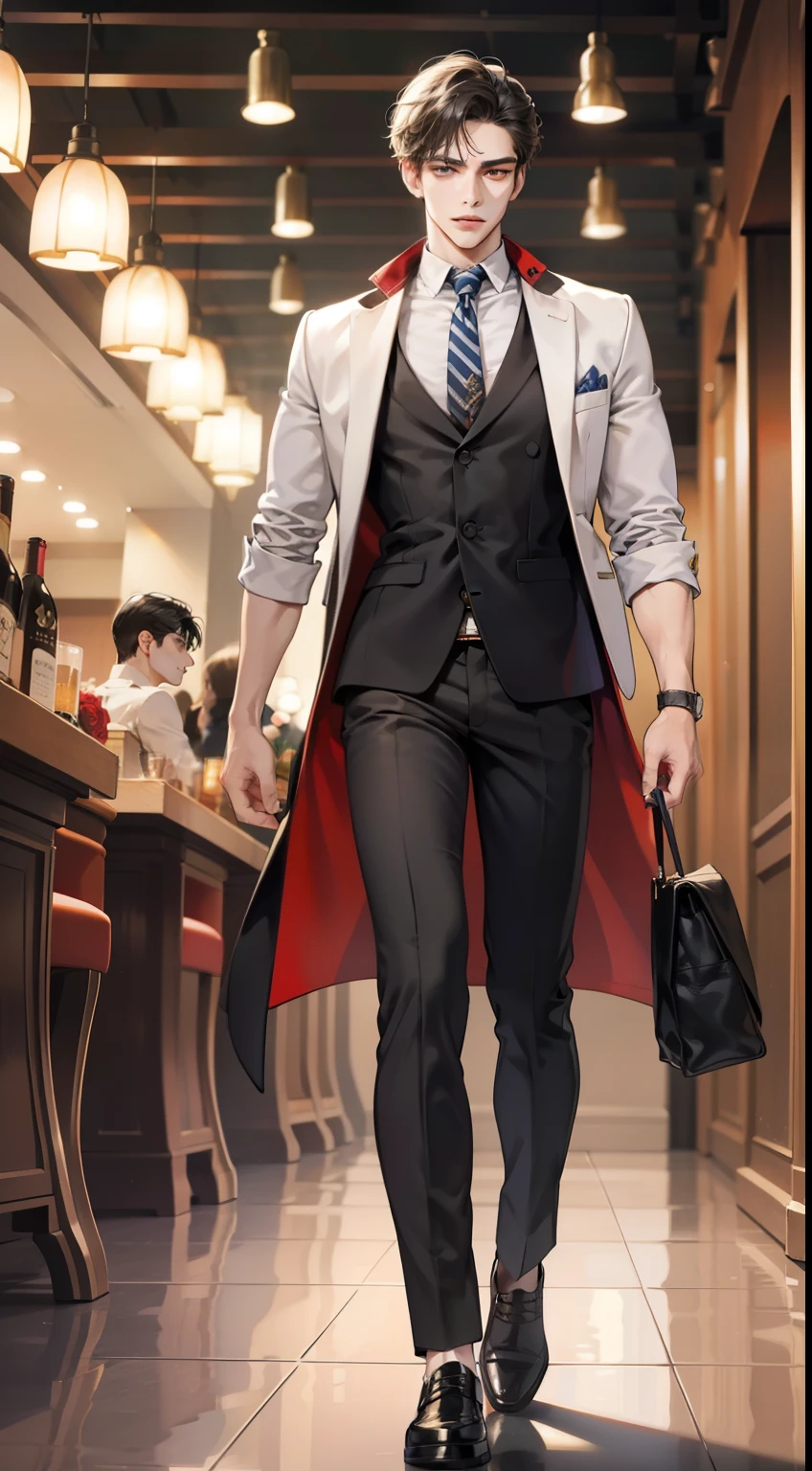 The male protagonist is a tall figure with high cheekbones, his face is graceful, his facial features are three-dimensional, his lips are red and his teeth are white, and his expression is confident and gentle. The lights are shining and the rhythm is cheerful, but he is calm and calm. He walked to the bar with a steady walk, his brows slightly furrowed, and sniffed the rose vase next to him with his nose. He looked very tasteful, and the people at the scene stopped to observe him. He gives those around him an indescribable temperament, with a dazed deep but confident glow. (Masterpiece), (Best Quality) (Super Fine), (Coiled Hair), (Illustration), (1 Boy), (Long Shot) (Full Body), Standing, Fashion Model, Looking at the Audience, Beautiful and Delicate Eyes, Delicate Beauty,