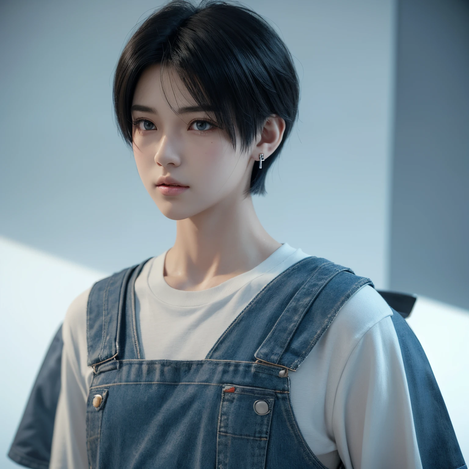 A boy with,Medium and short hair,Wear cross earrings,Overall cool,Wear combat uniformull body front,Hayao Miyazaki's paintings,Cute 3d rendering,Portrait anime,Handsome 3D anime man rendering,Cute and detailed digital art,stylized 3d render,3d rendered figure art 8k,