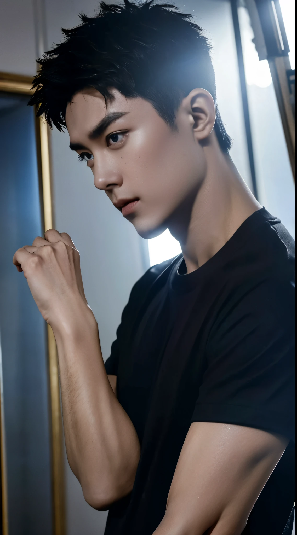(8K, RAW photogr, quality, tmasterpiece: 1.2), hyper-detailing, Hyper-Resolution, (of a real, real photograph: 1.37), Solid black T-shirt,drops of sweat,musculature
