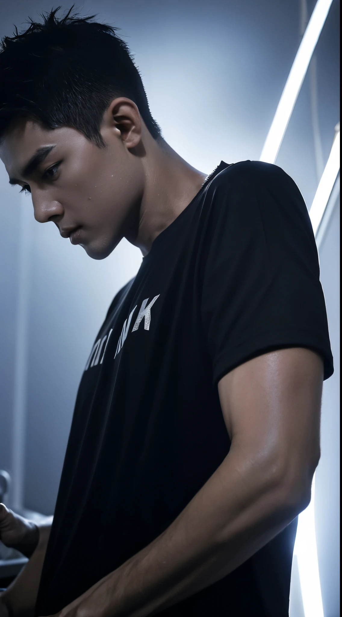 (8K, RAW photogr, quality, tmasterpiece: 1.2), hyper-detailing, Hyper-Resolution, (of a real, real photograph: 1.37), Solid black T-shirt，drops of sweat，musculature