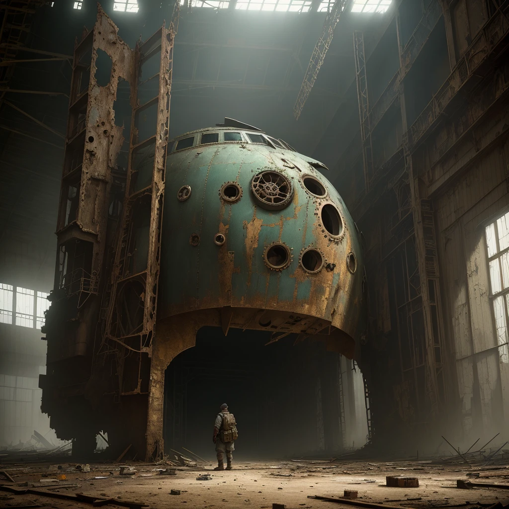 ((Best Quality)), ((Masterpiece)), (Detail: 1.4), Intricate details, Cinematic lighting, Sharp focus, Inside a derelict hangar, Dark ambience, Ruined machinery