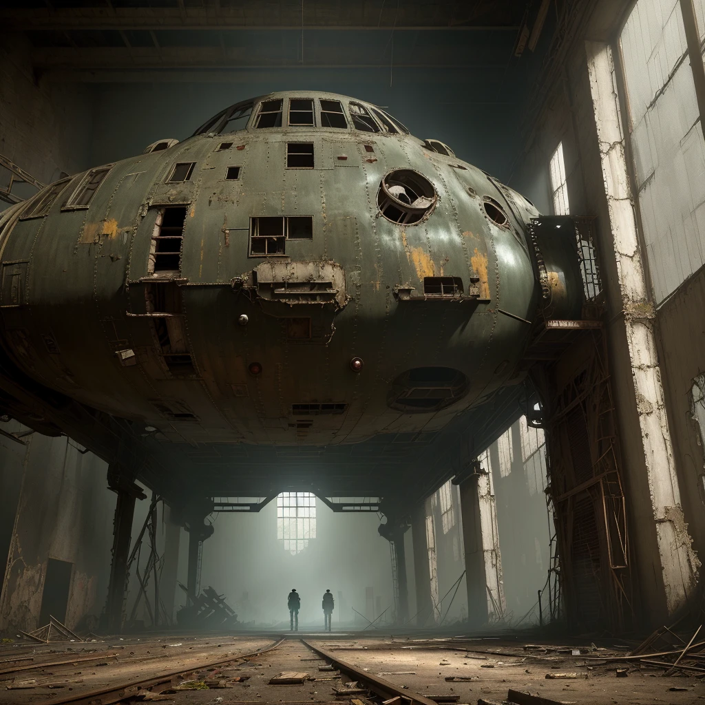 ((Best Quality)), ((Masterpiece)), (Detail: 1.4), Intricate details, Cinematic lighting, Sharp focus, Inside a derelict hangar, Dark ambience, Ruined machinery