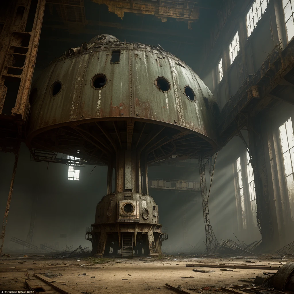 ((Best Quality)), ((Masterpiece)), (Detail: 1.4), Intricate details, Cinematic lighting, Sharp focus, Inside a derelict hangar, Dark ambience, Ruined machinery