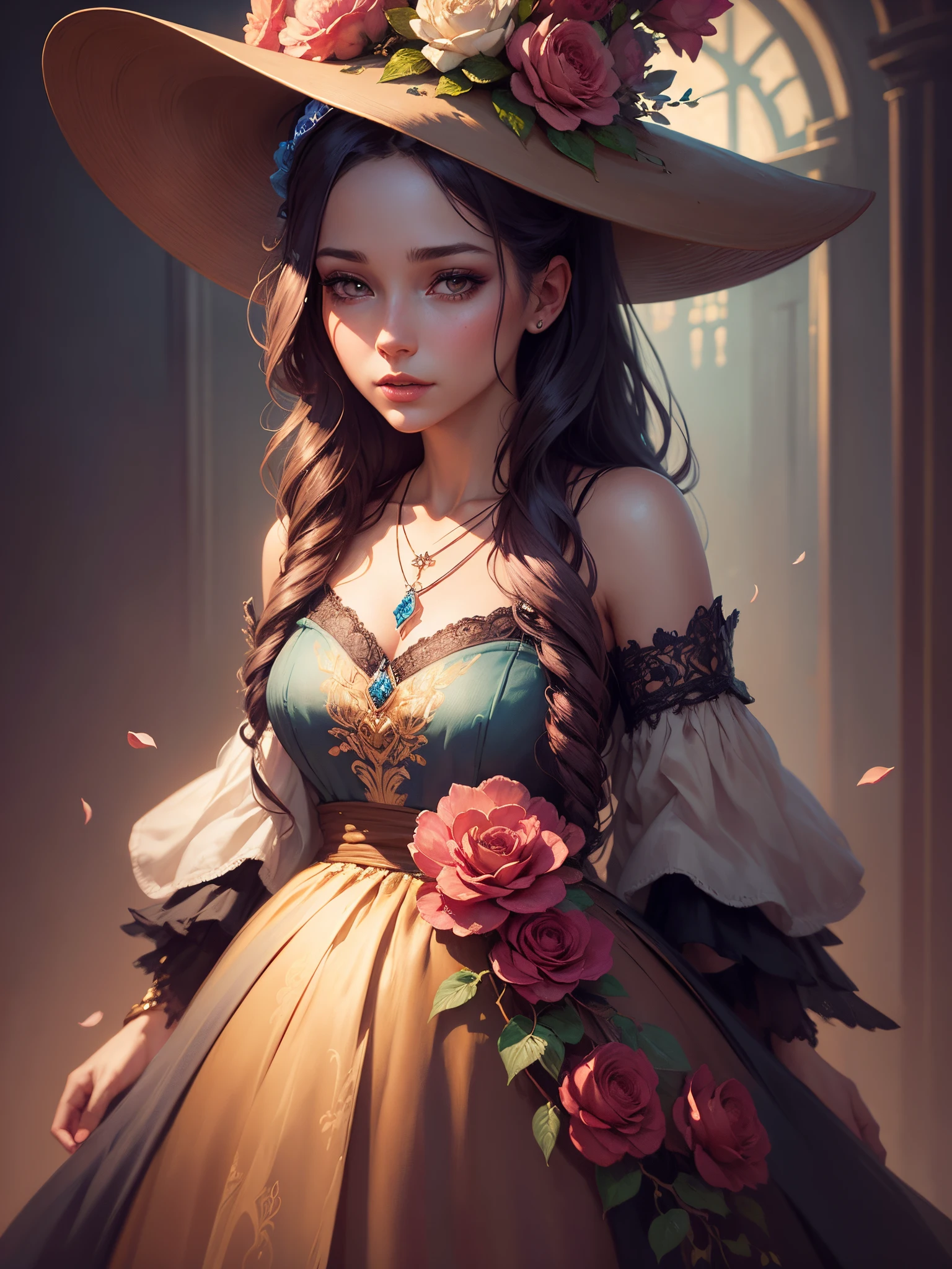 Country girl, One girl, Perfect and well designed eyes, Bird hat、(Beautiful fine details:1.05), Natural Breasts, The body is slim, Delicate face, Fair skin, Detailed skin, Realistic Skin, Medium length hair, Hair is voluminous, 超High resolution, 8k, パラメータ highest quality, (masterpiece:1.4), (Magic Accessories:1.4), Very detailed [[[{silk|Lycra}:Lace:0.1]:{silk|latex}:0.25]:feather:0.6] ({((Pleated skirt)+(shirt:1.3))|((Mini Nightlobe:1.3), camisole, (kimono:1.1))|(Crochet Tank Top, (Sleeveless Bra Corset:1.3), Bralette)},{Skirt Dresses|(Summer mini dress:1.5)|(Evening Mini Dress:1.3)|(Wedding Mini Dresses:1.1)}), Neckline, Super detailed, Realistic, (highest quality:1.4), 超High resolution, (Realistic 1.4), see here, (Portraiture, whole body), (((One girl))), (magic:1.1), Magical energy flows、Shine, {(city, fortress) city|hills|(A field of vegetation with a village in the background:1.0)}, (beautifully、aesthetic:1.2), (Fractal Art:1.4), (Cinematic Light:1.1), 16k, High resolution, RTX, Ray Tracing, Radio City, Anisotropic Filtering, Scattered beneath the surface, Metal Reflection, Vibrant colors