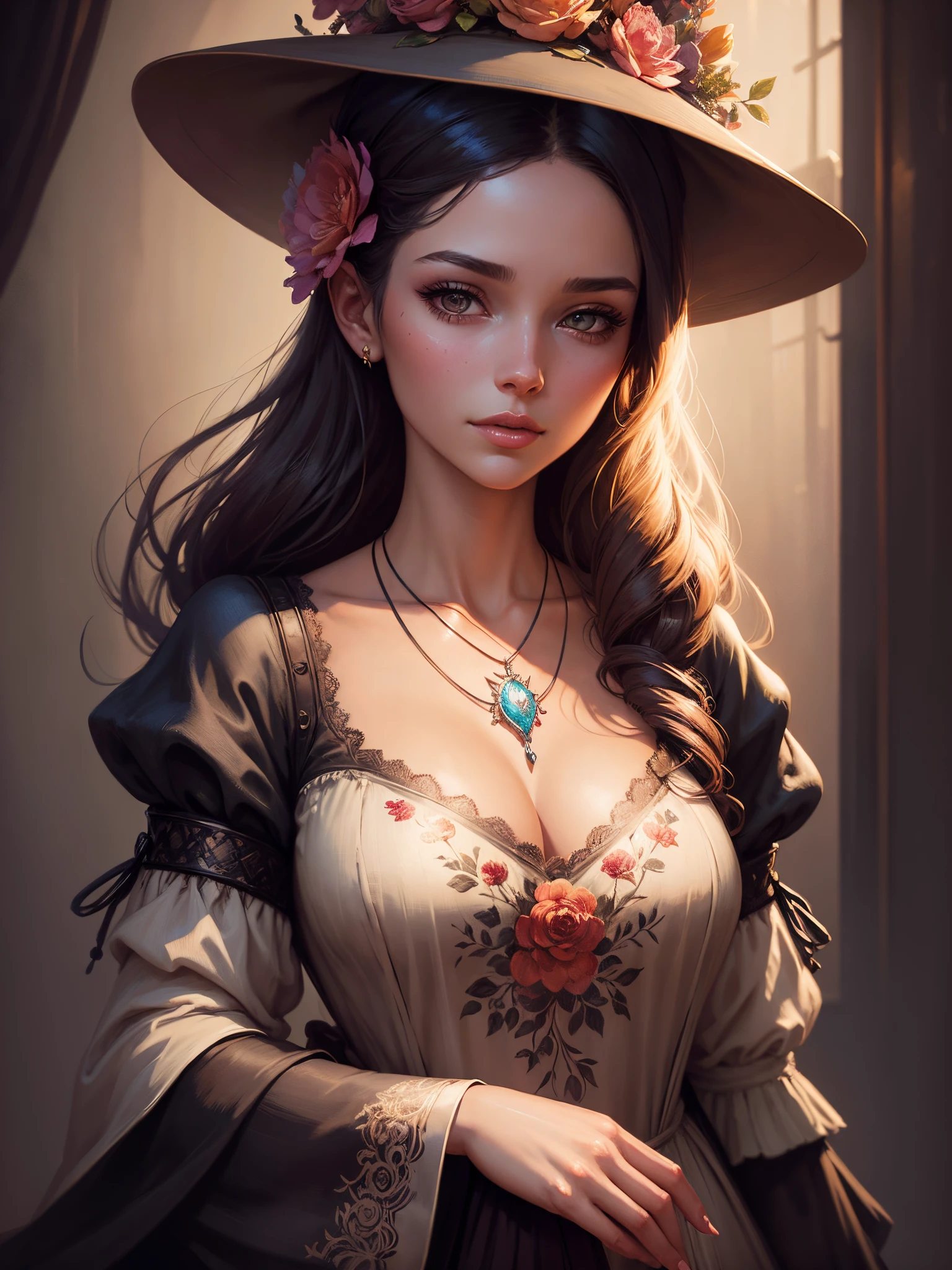 painting of a woman with a hat and a necklace with flowers, stunning digital illustration, detailed matte fantasy portrait, wlop, charlie bowater rich deep colors, fantasy art portrait, beautiful fantasy art portrait, 8k high quality detailed art, beautiful character painting, alexandra fomina artstation, beautiful digital illustration, inspired by WLOP, artgerm