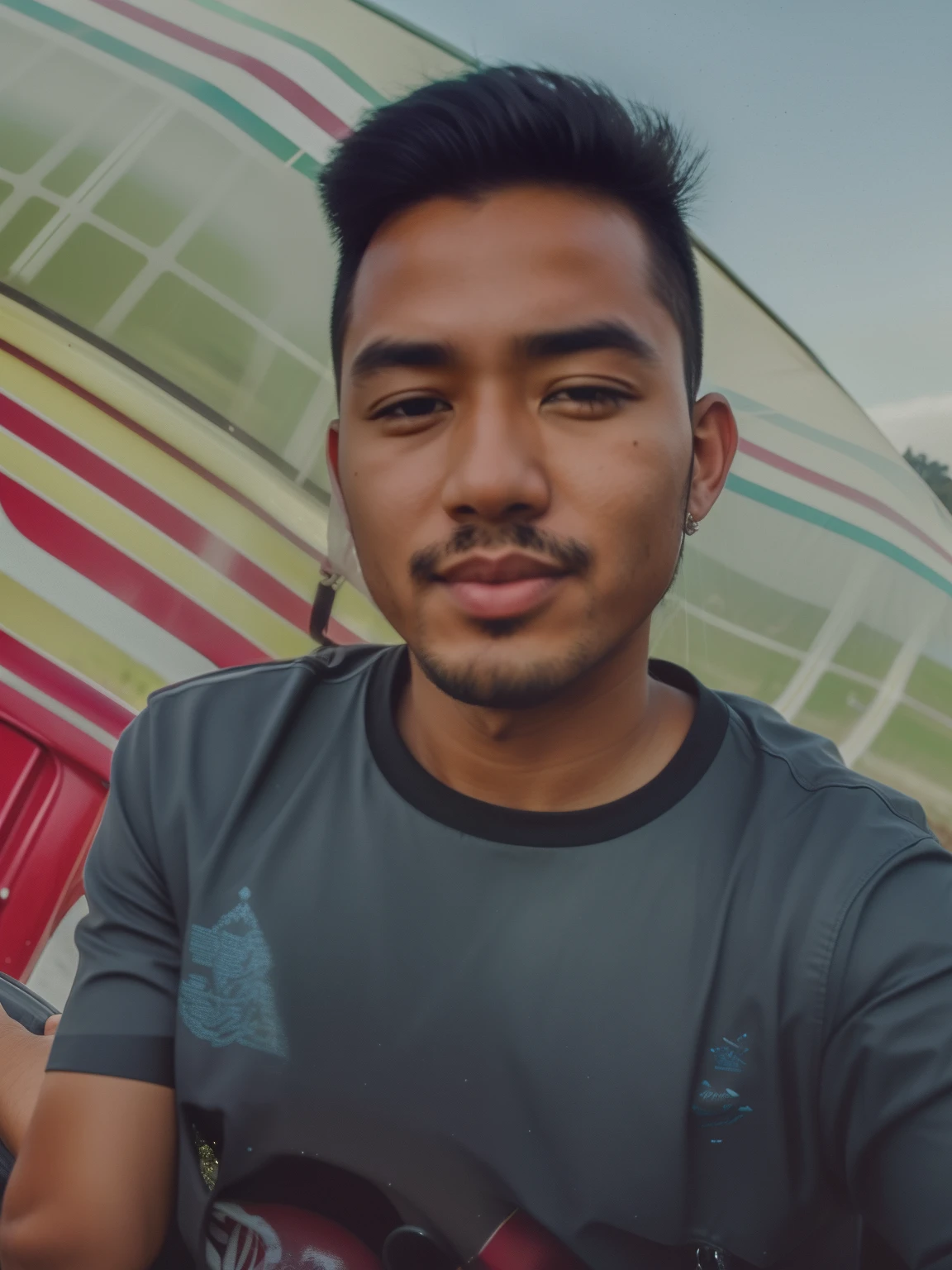 potret eksposur ganda memadukan foto wajah pria Indonesia sedang minum kopi, motor Vespa tua melintas di jalan tanah pinggir sawah, suasana terang bulan, langit cerah, chiaroscuro rumit, realistis, holografic image, 8k view,  beautiful scenery