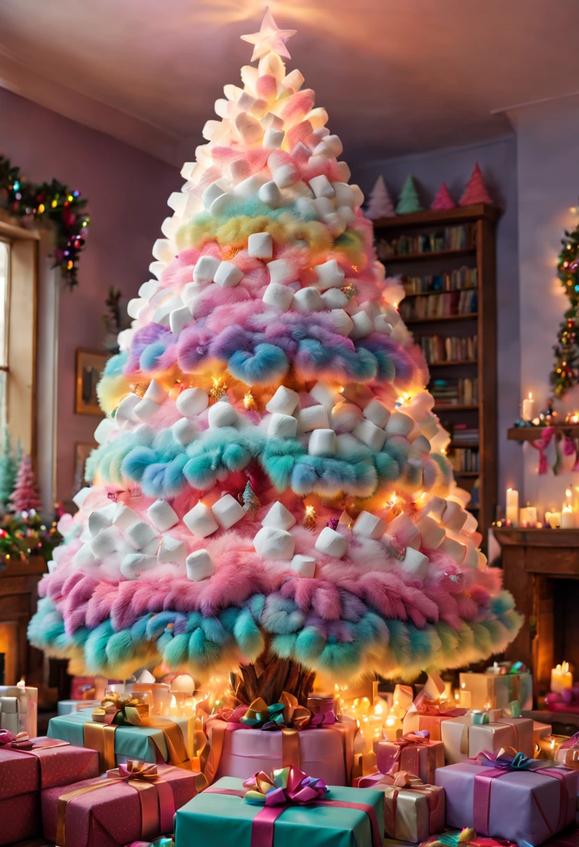 Fluffy Marshmallow Christmas Tree,sweet，Vibrant colors，whimsically，Huge tree，imagining，intriguing，light and ventilation，delight，Fantastical、edible、indulgent、The tall、Pleasant、Exhilarating、Rainbow，In a room full of colorful gifts, Surrounded by warm fairy lights and candles, Vibrant and pastel colors, diffuselighting。