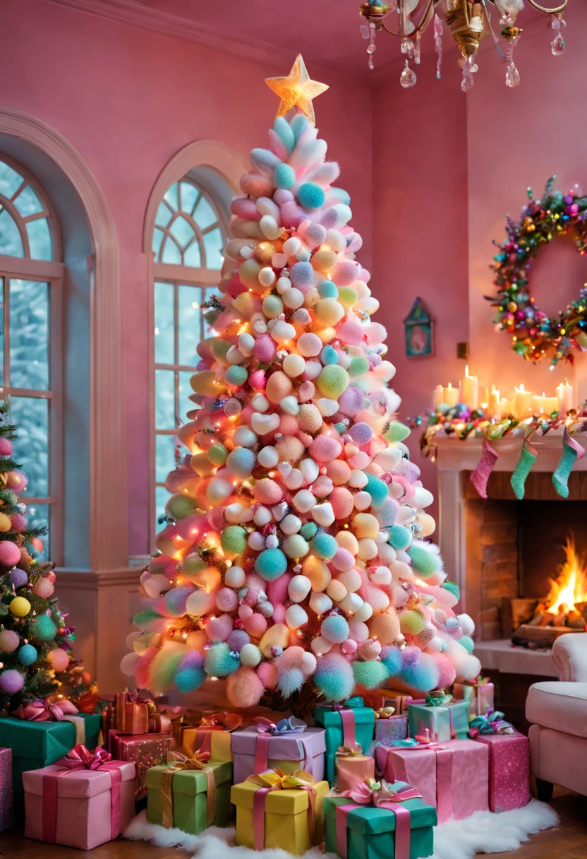 Fluffy Marshmallow Christmas Tree,sweet,Vibrant colors,whimsically,Huge tree,imagining,intriguing,light and ventilation,delight,Fantastical、edible、indulgent、The tall、Pleasant、Exhilarating、Rainbow,In a room full of colorful gifts, Surrounded by warm fairy lights and candles, Vibrant and pastel colors, diffuselighting。