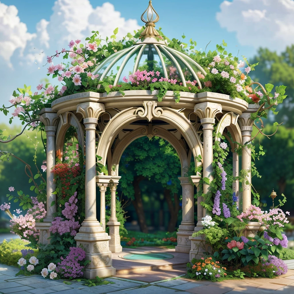 There is a gazebo,full of flowers and vines, royal garden background, beautiful render of a fairytale, , beautiful high resolution, Garden background, dreamy and detailed, Detailed landscapes, background artwork, high detal), well rendered, floral environment, pillars, Beautiful images, realistic garden, gazebo, arbor