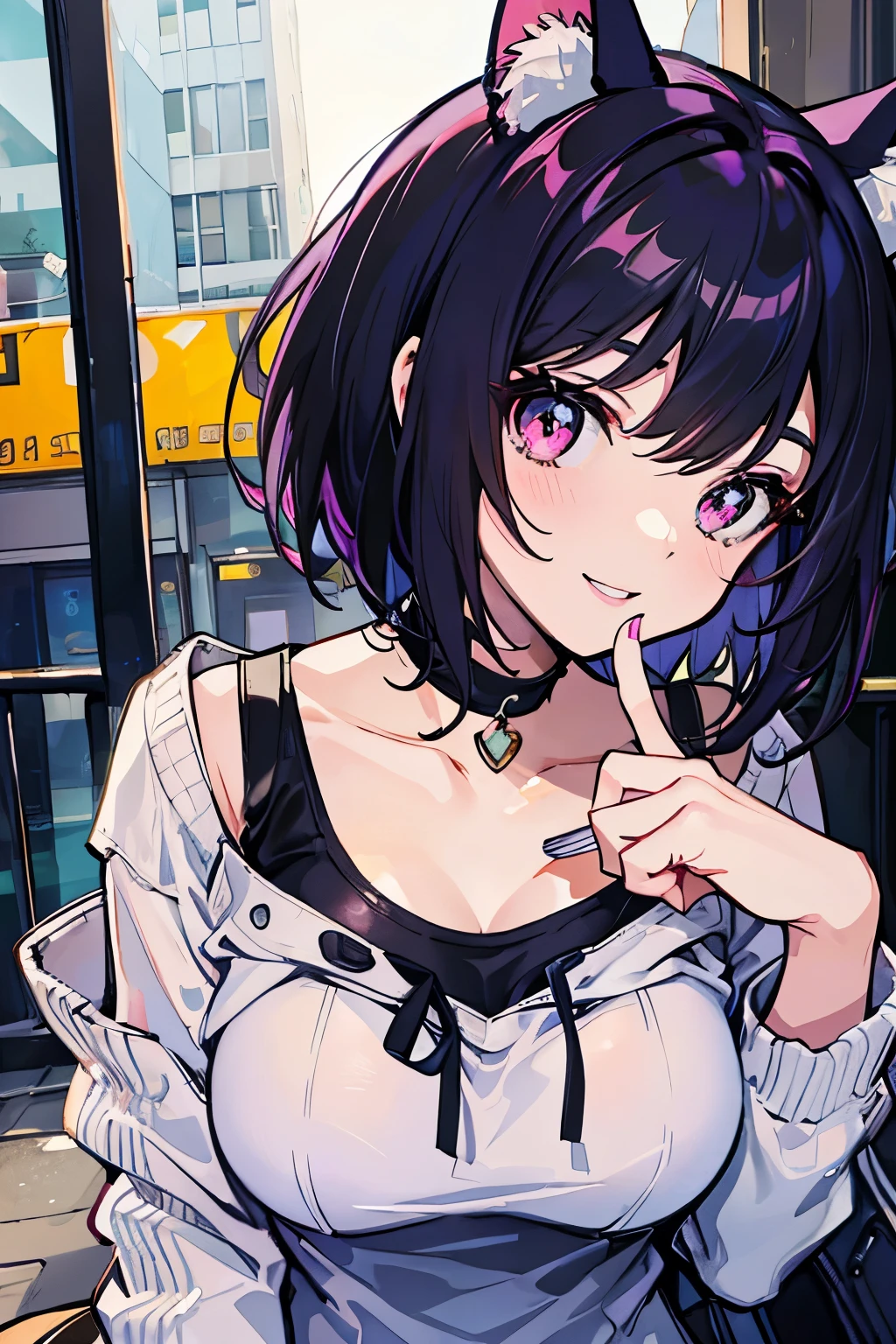 Cute girl with cat ears, Short bob hair, A dark-haired, sparkly eyes, False lashes, Pink lips, A smile, large full breasts, Cute casual outfit, Thumb and four fingers, Anatomically correct fingers, detail portrayal, colourfull,