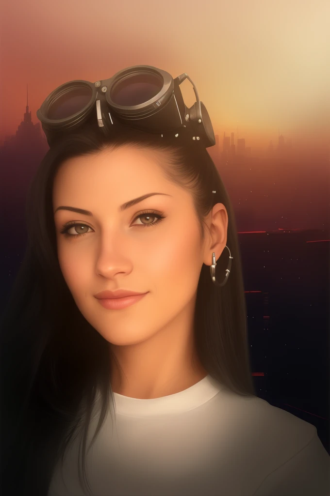 Arafed-Frau mit Sonnenbrille auf dem Kopf und einer Stadt im Hintergrund, The Cyberpunk Girl Portrait, Digital Fantasy Portrait, airbrush digital oil painting, Cyberpunk Portrait, Aetherpunk Airbrush Digitale Kunst, dreamy cyberpunk girl, Fotorealistischer Kunststil, Portrait of a science fiction woman, Cyberpunk Judy Alvarez, Airbrush Digitale Kunst, Portrait of Tifa Lockhart