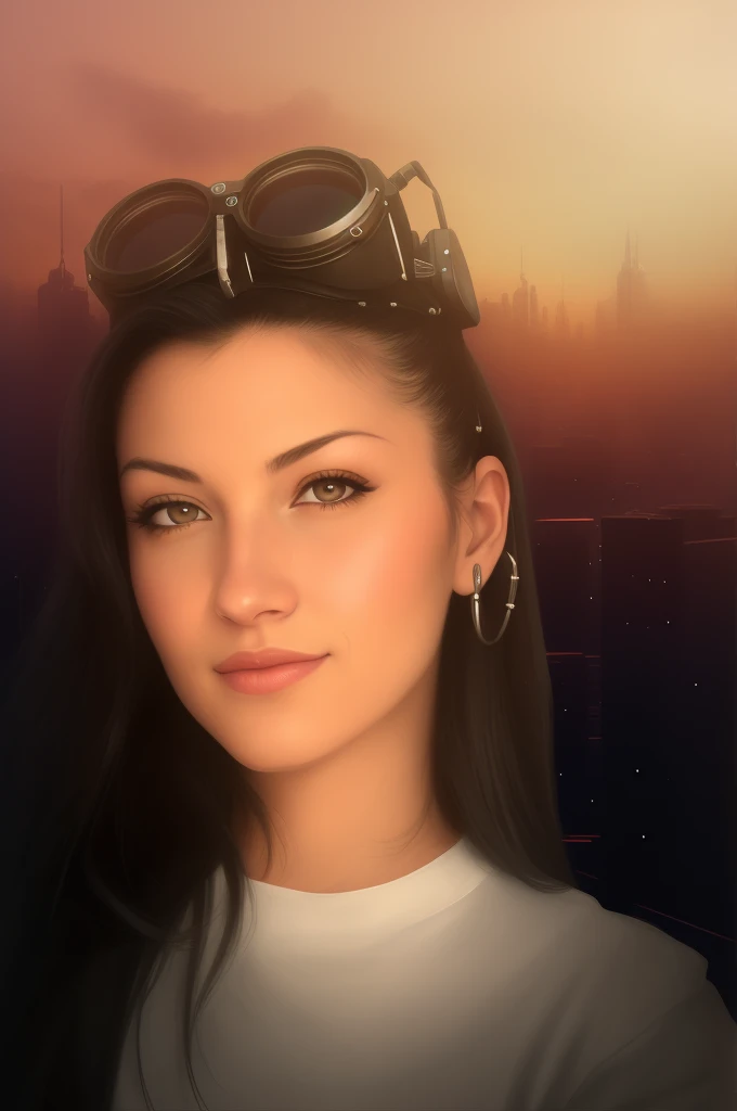 Arafed-Frau mit Sonnenbrille auf dem Kopf und einer Stadt im Hintergrund, The Cyberpunk Girl Portrait, Digital Fantasy Portrait, airbrush digital oil painting, Cyberpunk Portrait, Aetherpunk Airbrush Digitale Kunst, dreamy cyberpunk girl, Fotorealistischer Kunststil, Portrait of a science fiction woman, Cyberpunk Judy Alvarez, Airbrush Digitale Kunst, Portrait of Tifa Lockhart
