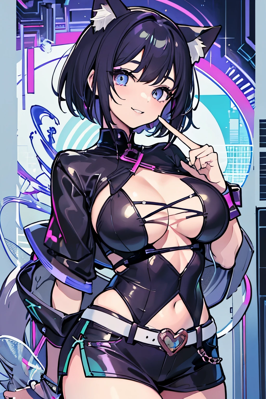 Cute girl with cat ears, Short bob hair, A dark-haired, sparkly eyes, False lashes, Pink lips, A smile, large full breasts, Cute casual outfit, Thumb and four fingers, Anatomically correct fingers, detail portrayal, colourfull,