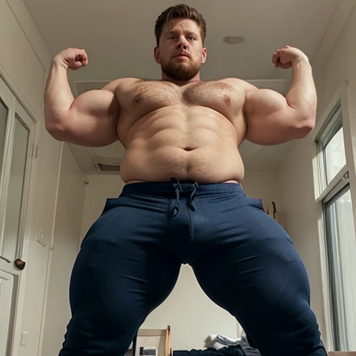 Tom holland, huge dad bod, very chubby, hyper bloated stomach, beefy body, thick ass, major pecs, standing full body in view, gigantic bulge in pants thick muscle arms and legs