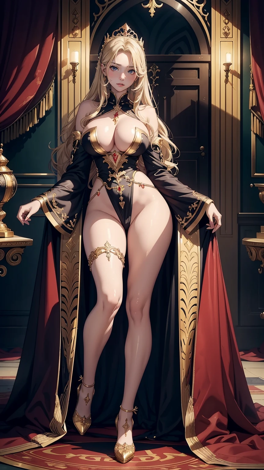 femele１，a blond，20yr old，Background in front of the throne，Sexual innuendo，big breasts thin waist，long legged，Oversized，fullnude，((masutepiece)),(((top-quality))),((Ultra-detailed)), ((beautifull detailed face)), ((Cinematic lighting)), depth of fields, best qualtiy，(Beautiful detailed girl),Detailed Lighting,(Beautiful detailed eyes), huge-breasted, Erotic, sexy for, cleavage, bare thigh, Red Lip, エロ１８prohibit，fullbody naked，Big nipples，Female emperor，cunt， round and smooth bare feet，Sexual temptation，Luxury high heels，