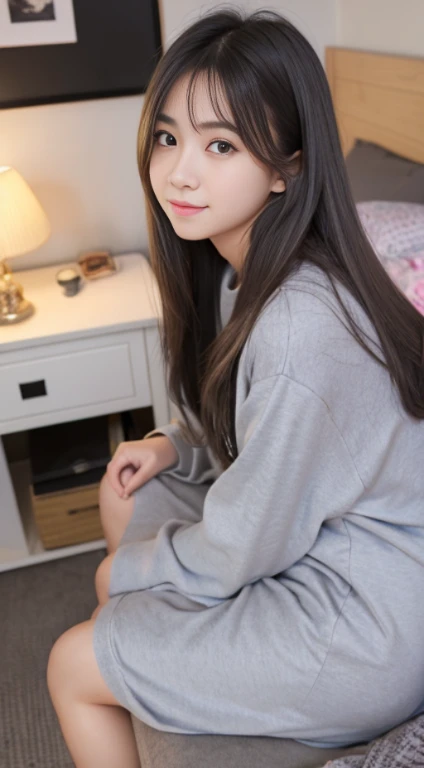 female student、20yr old、Long gray hair、realistically、k hd、Room Wear、Sitting on the bedside、Lie down in bed、Have a well-proportioned figure、look beautiful