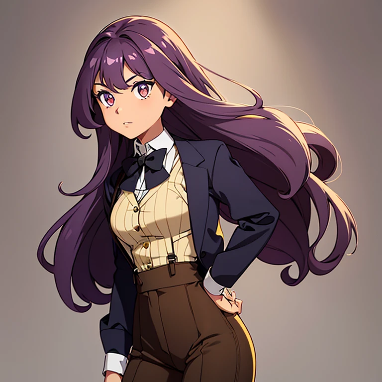 A girl with tan skin and a slim physique. She has long wavy violet hair that lays to the middle of her back. She has golden amber eyes. She is wearing a lavender button down long sleeve shirt, black pants and waistcoat, black gloves, black suspenders, and a white bow tie.