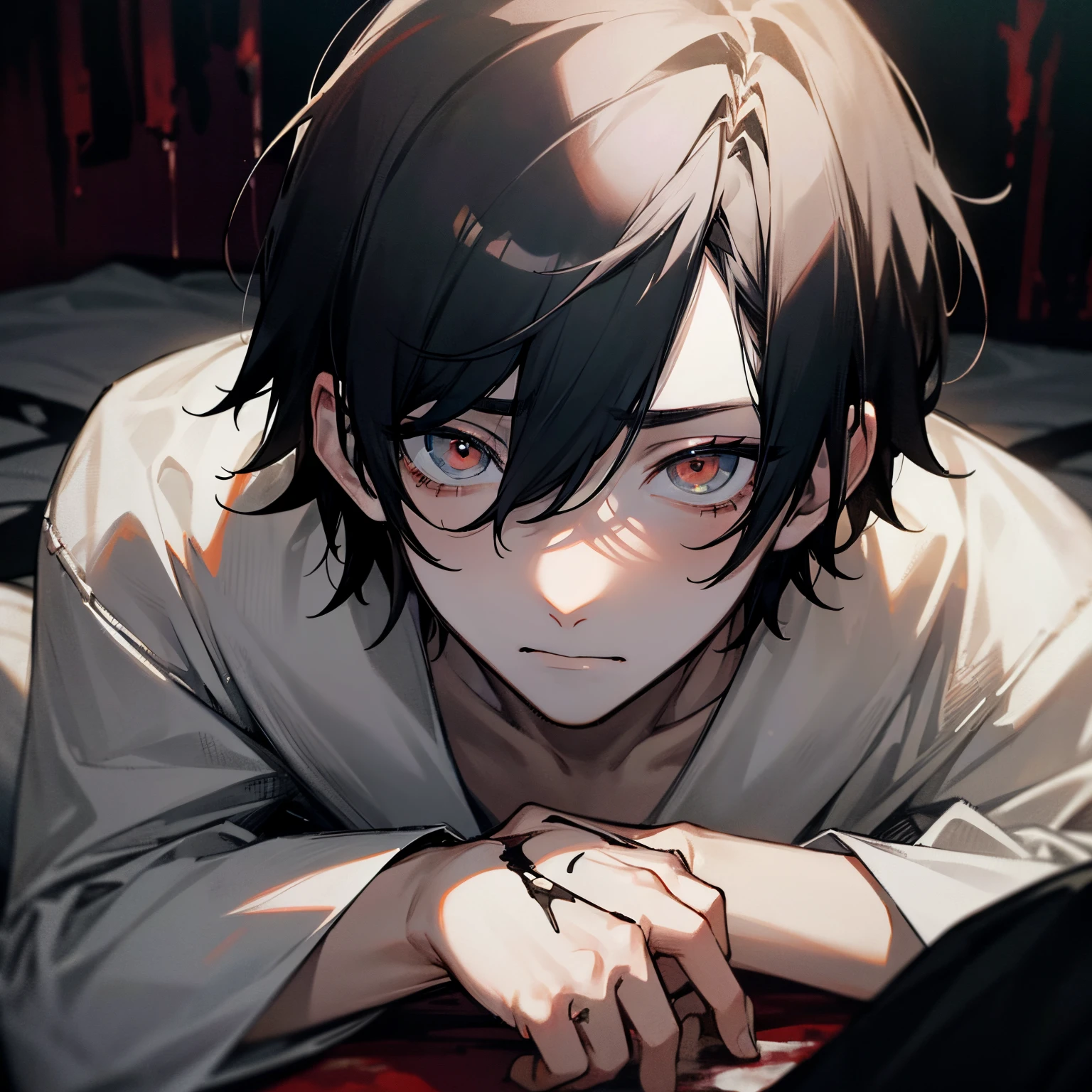 (nighttime), anime boy, male, boy, man, pale skin, hazel eyes, black hair, blood on face, bloody, (closeup), ((he is sitting in a dark bedroom)), (lots of blood), (depressed)