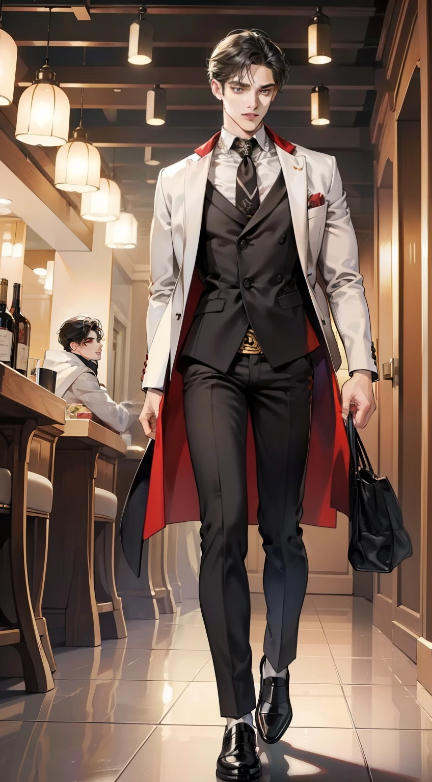 The male protagonist is a tall figure with high cheekbones, his face is graceful, his facial features are three-dimensional, his lips are red and his teeth are white, and his expression is confident and gentle. The lights are shining and the rhythm is cheerful, but he is calm and calm. He walked to the bar with a steady walk, his brows slightly furrowed, and sniffed the rose vase next to him with his nose. He looked very tasteful, and the people at the scene stopped to observe him. He gives those around him an indescribable temperament, with a dazed deep but confident glow. (Masterpiece), (Best Quality) (Super Fine), (Coiled Hair), (Illustration), (1 Boy), (Long Shot) (Full Body), Standing, Fashion Model, Looking at the Audience, Beautiful and Delicate Eyes, Delicate Beauty,
