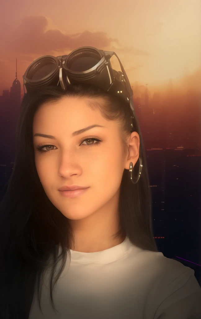 Arafed-Frau mit Sonnenbrille auf dem Kopf und einer Stadt im Hintergrund, The Cyberpunk Girl Portrait, Portrait of Tifa Lockhart, Cyberpunk Judy Alvarez, Cyberpunk Portrait, dreamy cyberpunk girl, matte painting portrait shot, Portrait of a science fiction woman, Fotorealistischer Kunststil, Tifa Lockhart Portrait, Glowwave Girl Portrait, Futuristic portrait of a woman, ein Cyberpunk-Cyborg