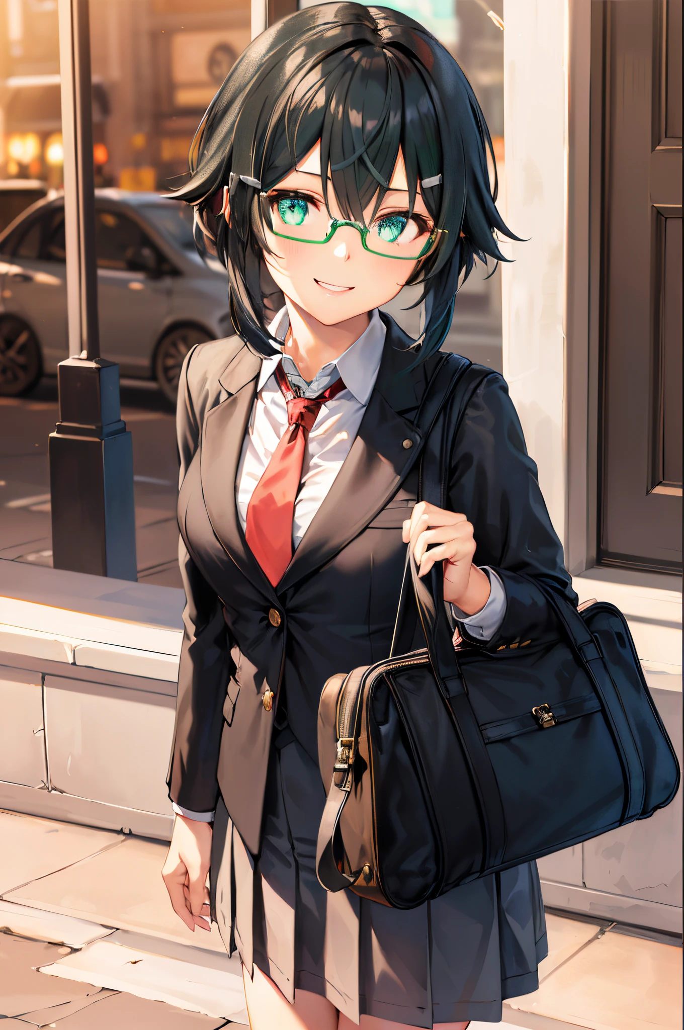 ​masterpiece, top-quality, hight resolution, 1girl in, sinon1, (A dark-haired:1.5), Black-rimmed glasses, Charcoal gray blazer, Charcoal Grape Pleated Skirt, Long tie, red necktie, (satchel:1.3), bbw, The best smile, (Face Focus:1.5), (small tits:1.3)