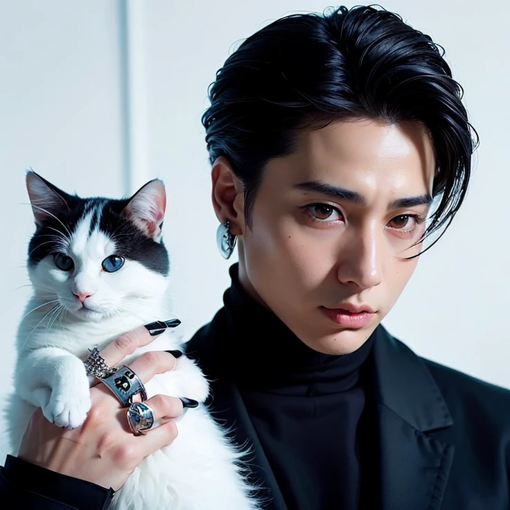 araffe con un gato blanco y negro y un hombre de traje, Cai Xukun, jungkook, Taejune Kim, Wonbin Lee, Hyung Tae, SFW, Hsiao-ron, Jinyoung Shin, Kim Doyoung, por Emma Andijewska, beautiful androgynous prince, gato, un gato, inspirado por Bian Shoumin