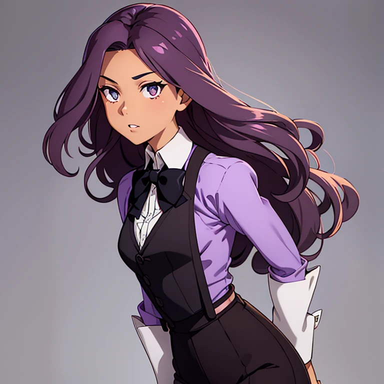 A girl with tan skin and a slim physique. She has long wavy violet hair that lays to the middle of her back. She has golden amber eyes. She is wearing a lavender button down long sleeve shirt, black pants and waistcoat, black gloves, black suspenders, and a white bow tie.