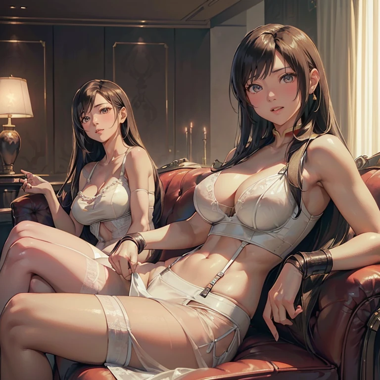 ff7r style,(top-quality, (Ultra high definition,4K), (超A high resolution:1.3, in 8K),masutepiece:1.2), (Stereoscopic), (Perfect Anatomy,Anatomically accurate), (Soft lighting, rendered), (two bewitching girls), (((Sitting on a sofa in the lobby of a luxury hotel, Sexy open legs))), ((tifa_Girls who look like Lockhart and Aerith Gainsborough:1.3)), (large full breasts:1.6), Focus on cleavage, (extremely detailed and beautiful face), (Photorealsitic), (Bright lighting:1,4), ((White see-through lingerie)), Watch viewers, (Crisp double eyelids), (Seductive curvaceous), (Textured skin), (Soft skin)