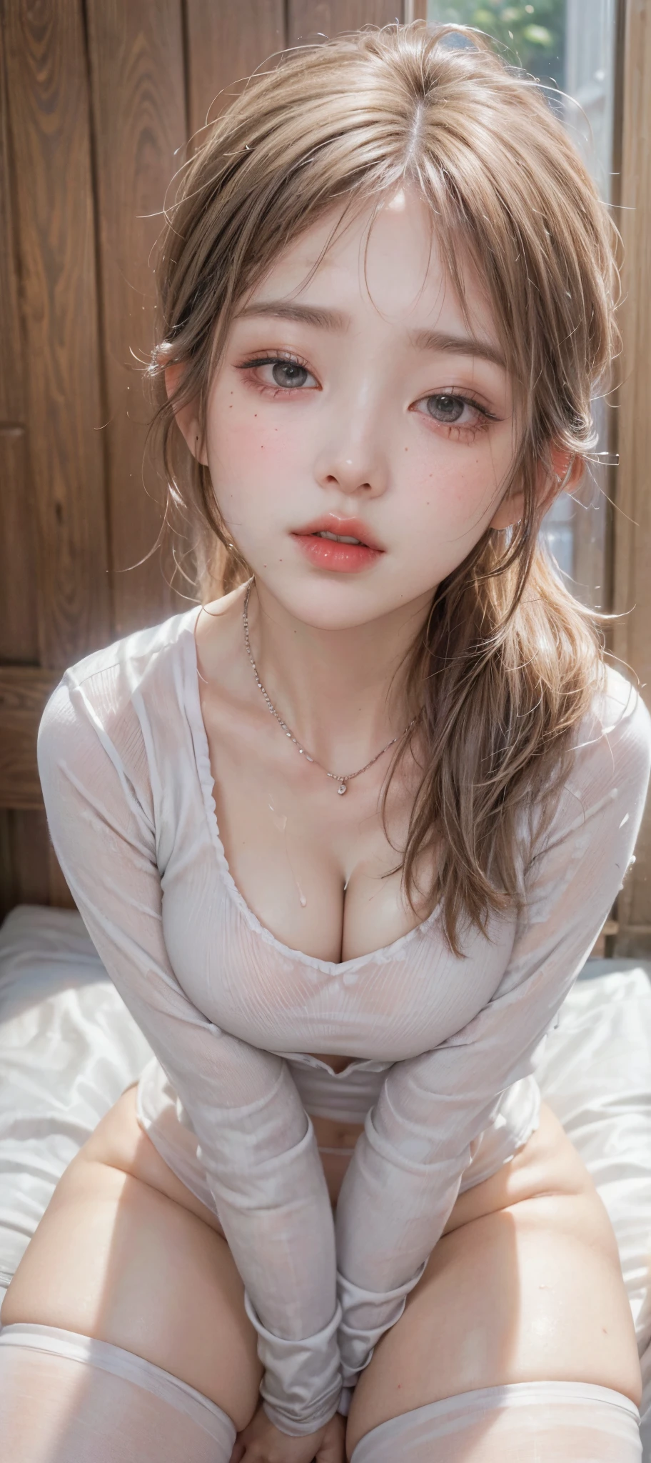 (masutepiece: 1.3), (max resolution: 1.2), (Ultra HDTV: 1.2), cinematric light, 8K resolution, Detailed eyes and skin, detailed facial features, , (Sharp Focus: 1.2), (Focus on Face:1.2),Perfect Style, Beautiful face, acurate, Anatomically correct, Highly detailed face and skin texture, Detailed eyes, Double eyelids, Thin eyebrows, Glitter Eyeliner: 1 Natural cheeks, Glossy skin, Fair skin: 1.2, (Glossy lips: 1.4),、 (Shy look: 1.2),Highly detailed facial and skin texture, Detailed eyes, Double eyelids, Natural cheeks, , shiny lips: 1.4,Exposed cleavage、Sperm taken、Overflowing sperm、Flowing sperm、 red blush、humiliated、impatience、dismay、Frightened、glares、Sexually arousal、Provocation、embarrassed from、Open knees、open one's legs、 White underwear、White bra、Shiny little earrings and necklaces、Disheveled clothes、Dressing、Exposed panties、Wearing sweat、sodden、Sheer underwear、Stockings、 18 instars, Neat and clean woman,1 persons、 upturned breasts, Bedroom、sitting on a bed、deep in the night、sexy pose、a blond、A dark-haired、White-silver hair、Blue ash eyes、Green ash eye,(Girls' High School Uniform:1.3)、Glaring expression、
