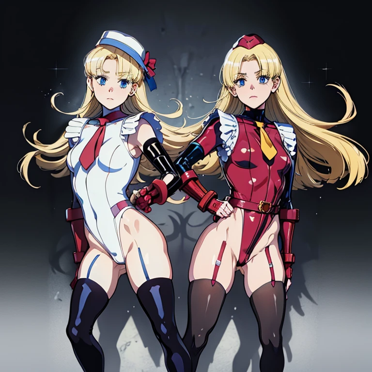 ultra-detailed, Explicit, Beautiful body, Beautiful Nose, Beautiful character design, perfect eyes, perfect face, ultra highres, 4K, beautiful legs, perfect legs, Nice hands, Perfect hand, Masterpiece, Best Quality, Highly detailed, illustration, absurdres, street fighter, doll suit, shadaloo doll, dollsuit, girls, multiple girls, expressionless, blank eyes, looking at viewer, red gloves, emotionless, black latex, corrution, mind control, female combatant, full body, hypnotized, unhappy trance, full body suit, ribbed bodysuit, obey, perfect female body, extremely glossy latex, hypnosis, hypnoLora, empty eyes, Mind control device, poses, brainwashed, submissive_pose, Slave, hat, necktie, standing, belt, latex, garter belt, thighhighs, Tomorrow's Nadja, ashita no nadja, nadja, Nadja applefield, blonde hair, blue eyes, long hair, dance, ballerina, black lipstick, black eyeliner