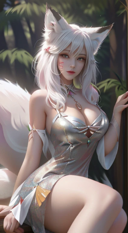 Photorealsitic，(Esbian, White-haired girl with fox ears body)，(Painting of a white-haired fox sitting on a branch，Ethereal fox，Nine-Tailed Fox，Fox Nine-Tailed Fox)，onmyoji detailed art，(Nine Tails)，a beautiful artwork illustration，a mythical creature，Red fox，battle posture，beautiful digital works of art，Exquisite digital illustration，Mizutsune , Inspired by the mythical creature Wild Net，digital art on pixiv，strong lights，highly contrast，Horror movie themes，Dark atmosphere，gigantic cleavage breasts，Raised ，whole body Dripping wet，Pose with your hips facing yourself，cleavage，See-through costumes:1.75，Nipples are erect，areola is visible，(Open legs)