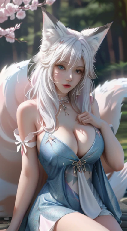 Photorealsitic,(Esbian, White-haired girl with fox ears body),(Painting of a white-haired fox sitting on a branch,Ethereal fox,Nine-Tailed Fox,Fox Nine-Tailed Fox),onmyoji detailed art,(Nine Tails),a beautiful artwork illustration,a mythical creature,Red fox,battle posture,beautiful digital works of art,Exquisite digital illustration,Mizutsune , Inspired by the mythical creature Wild Net,digital art on pixiv,strong lights,highly contrast,Horror movie themes,Dark atmosphere,gigantic cleavage breasts,Raised ,whole body Dripping wet,Pose with your hips facing yourself,cleavage,See-through costumes:1.75,Nipples are erect,areola is visible,(Open legs)