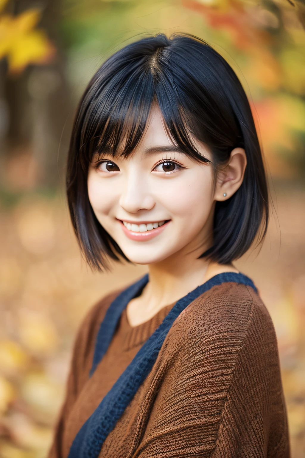 22year old(年轻)、Black Hair Bob、natural and light makeup、Autumn seems to be、Smiling expression、japanes、Natural finish、For autumn leaves、Portrait image、cute little