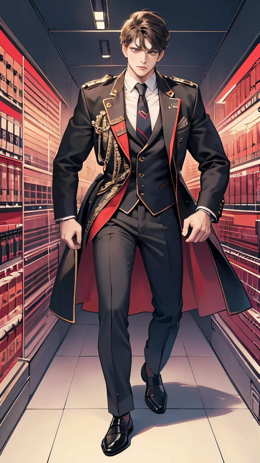 ((full body)) **Alexander**: Alexander, an 18-year-old senior at the Swiss Elite Private High School, stands tall at 185 cm. His lean, muscular physique, a result of his athletic training, combined with his handsome features and short brown hair, make him a striking figure. **Alexander's School Uniform Style**: In his Swiss Elite Private High School uniform, Alexander conveys an air of understated elegance. His uniform is always meticulously tailored, fitting his athletic build perfectly. Despite being a uniform, he manages to make it uniquely his own, subtly exhibiting his affluent background through high-quality leather shoes and a perfectly knotted tie. His approach to the uniform reflects his overall demeanor - a balance between his wealth and his humility, contributing to his respected status among his peers.