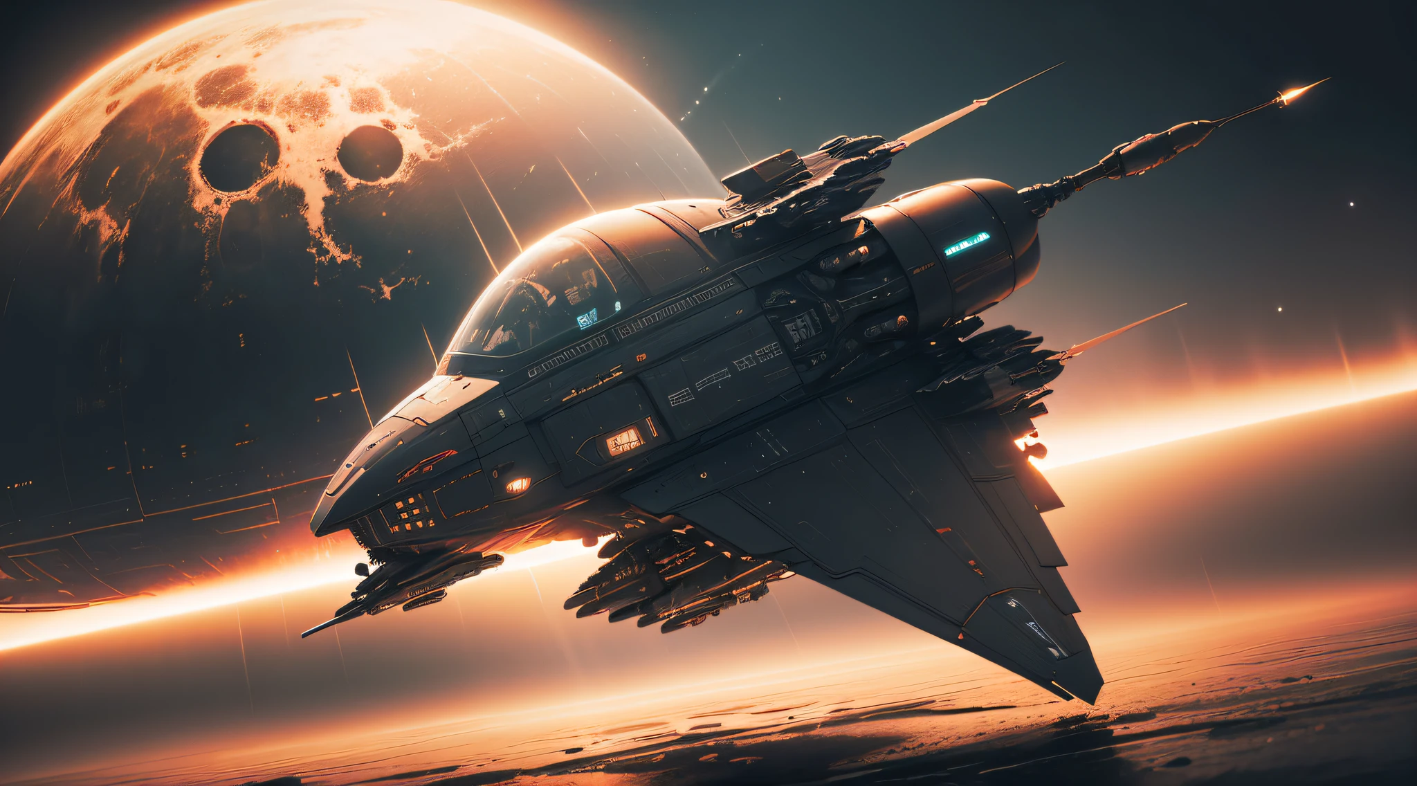 FUTURISTIC BLACK metal alien spaceship on a totally liquid hot BLACK planet at sunset performs a low flight. Deadly alien war machines. Realistic 3D photo image rendered at full resolution.., hiperrealista, 16k, ((NAVE ESPACIAL CARGUERO)), ((Low flight over the surface of an acidic liquid., Dense atmosphere)),((planet all liquid BLACK )), ((VOLANDO RASANTE, MUY BAJO Y VELOZ)), ((VOLANDO RASANTE, MUY BAJO Y VELOZ))
