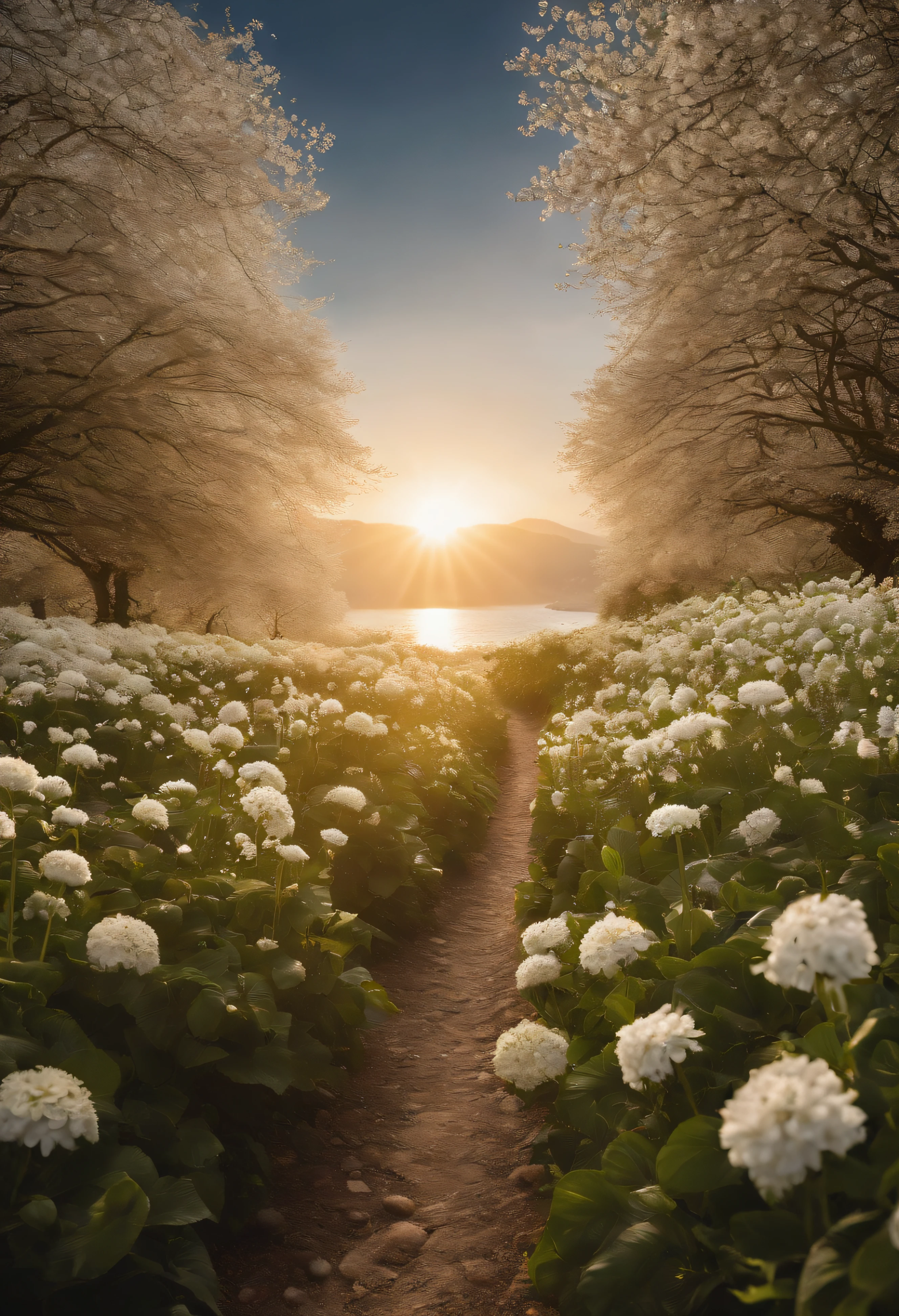 一片White flowers海，and the sun was shining brightly，The light from the rear window is backlit，There is a path in the middle of the sea of flowers，there is space between，There is a path in the center of the screen，The path leads to the distance，Near real and far virtual，White flowers，There is a road in the middle that leads to the distance，the setting sun，变得and the sun was shining brightly，detail-rich，フォトリアリスティック，真实感，4K分辨率，Rich texture，The painting style is gentle